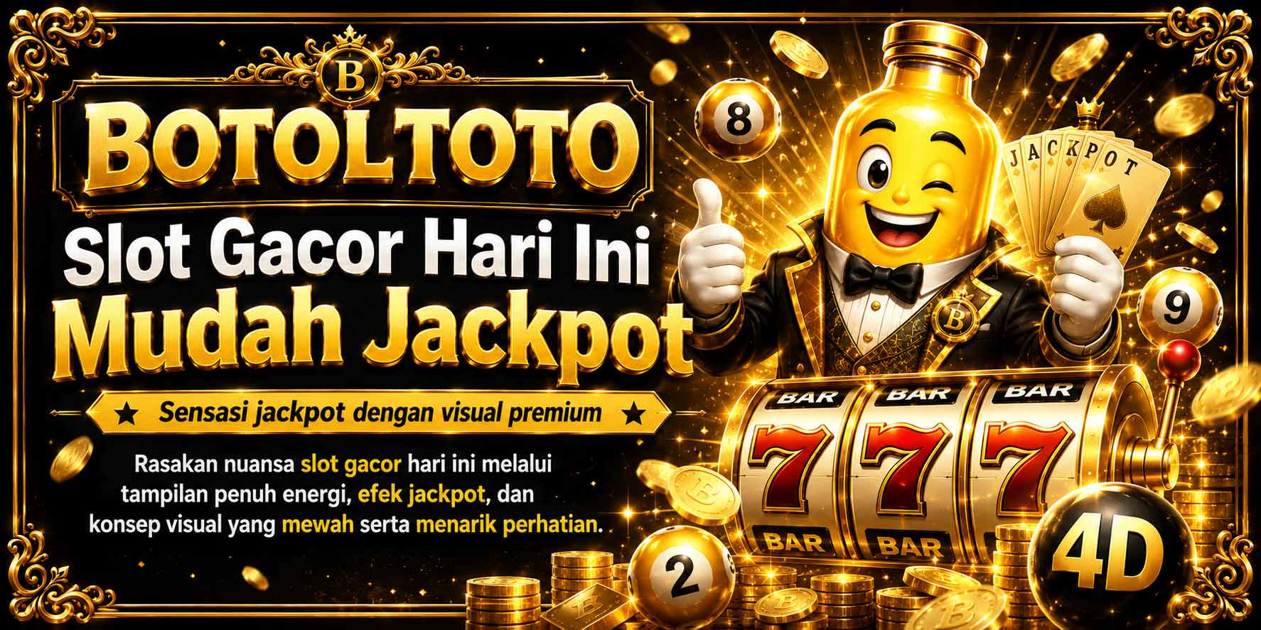 BOTOLTOTO slot gacor hari ini mudah jackpot dengan tema toto slot, toto togel, mesin slot 777, bola 4D, koin emas, dan visual jackpot premium